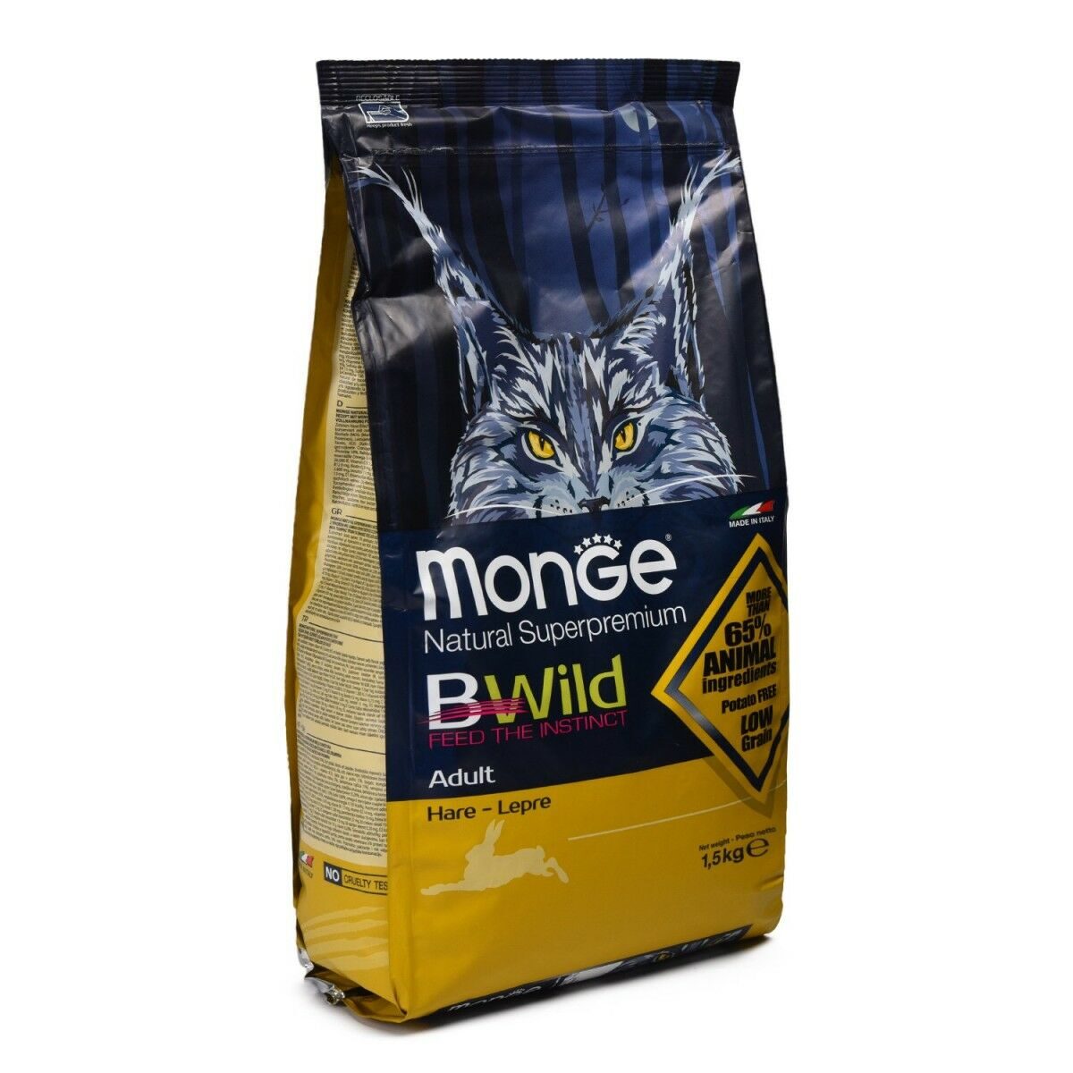 MONGE BWild Low Grain Сухой низкозерновой корм для кошек с мясом зайца 1,5 кг